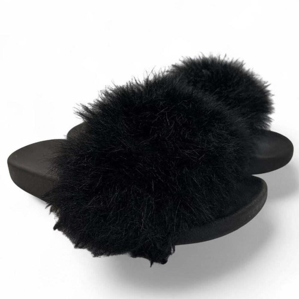 Women’s Black Faux Fur Open Toe Slide Sandals Size 9